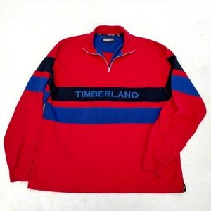 Vintage Y2K Timberland Men's Zip Sweatshirt Size XL Red Striped Baggy Cotton